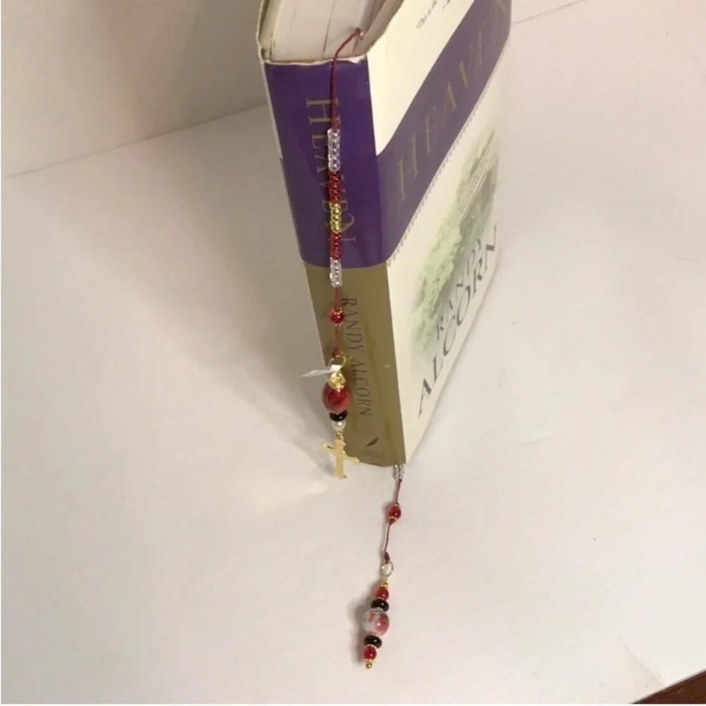 ECCENTRIC HANDCRAFTED Red/White/Black Beaded Bookmark with Golden Cross